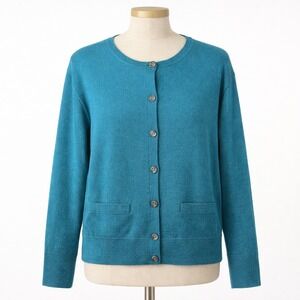 Preppy Merino Wool Button Crewneck Cardigan Sz L Teal Blue Academia Pockets Twee